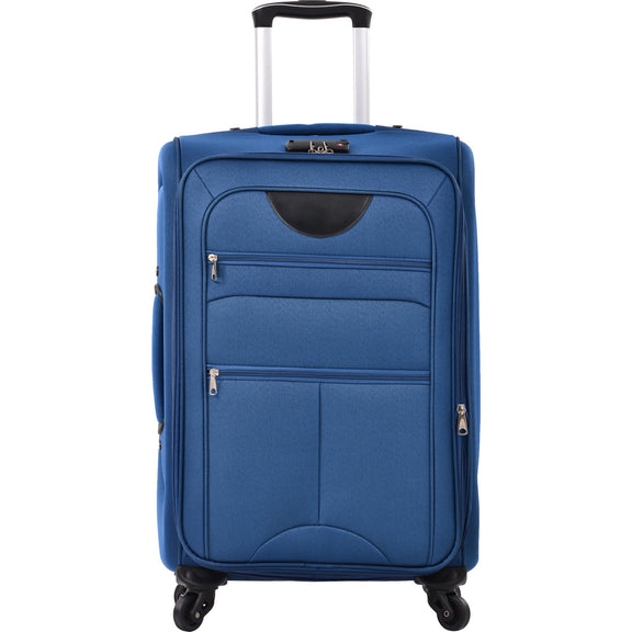 Blue softside expandable upright spinner suitcase with front zipper pockets