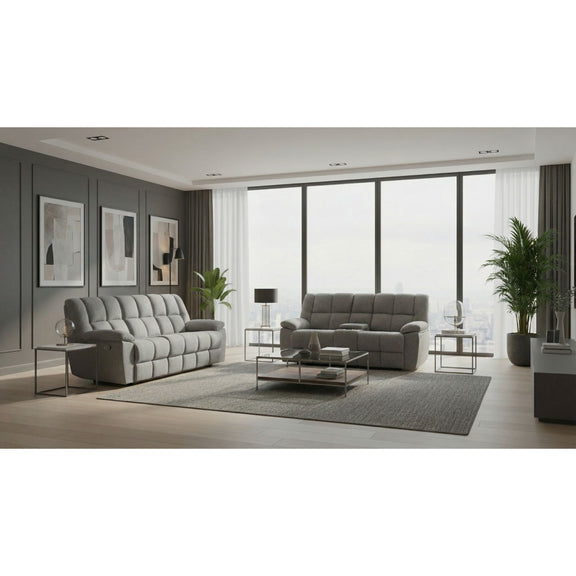 Gray reclining sofa set with tufted loveseat and recliner chairs, padded armrests