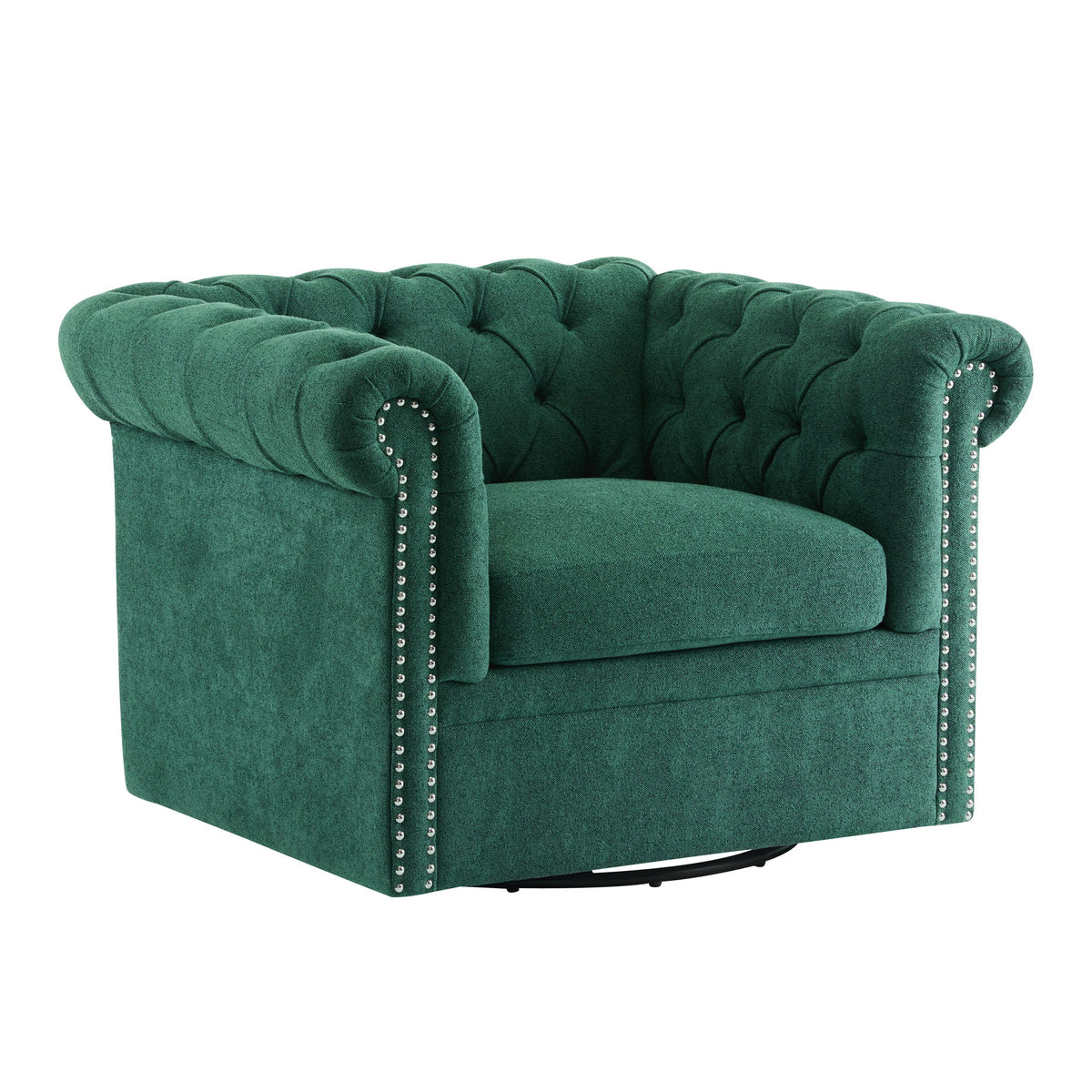Dark green swivel club chair with tufted upholstery, rolled arms, and nailhead trim