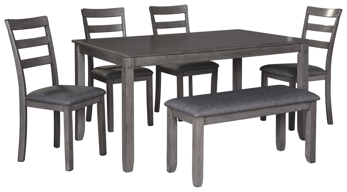 Gray rectangular dining table set with upholstered ladder-back chairs and bench-style seating