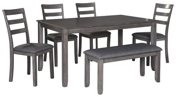 Gray rectangular dining table set with upholstered ladder-back chairs and bench-style seating