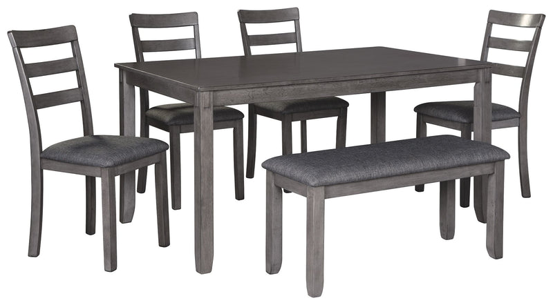 Gray rectangular dining table set with upholstered ladder-back chairs and bench-style seating