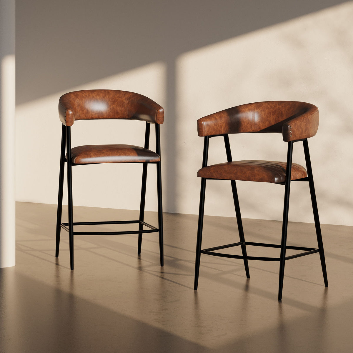 Counter Stools (Set of 2), Upholstered Counter Stools With Iron Frame, Backrest, Footrest, Arm Counter Stools For Home Bar, Kitchen Counter - Brown
