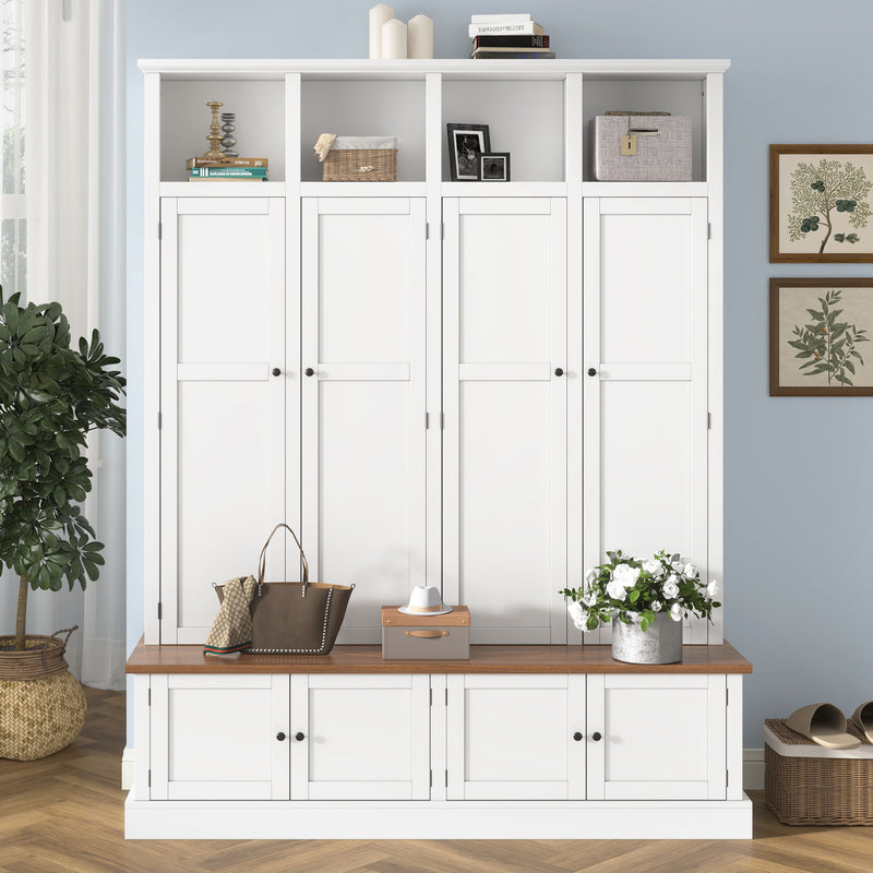 White hall tree with open cubbies, cabinet doors, and wood top bench surface.