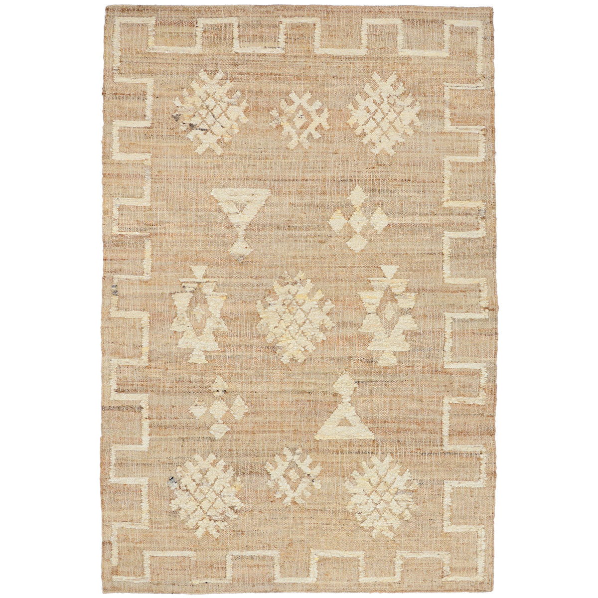 Natural woven rug with ivory geometric shapes and greek-key border, centered view