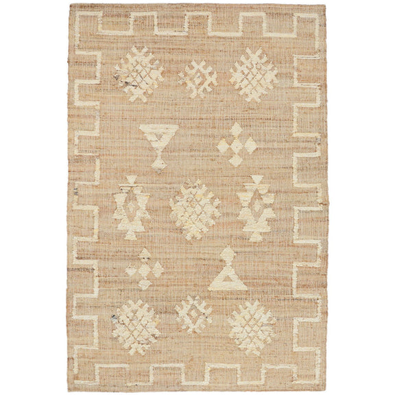 Natural woven rug with ivory geometric shapes and greek-key border, centered view