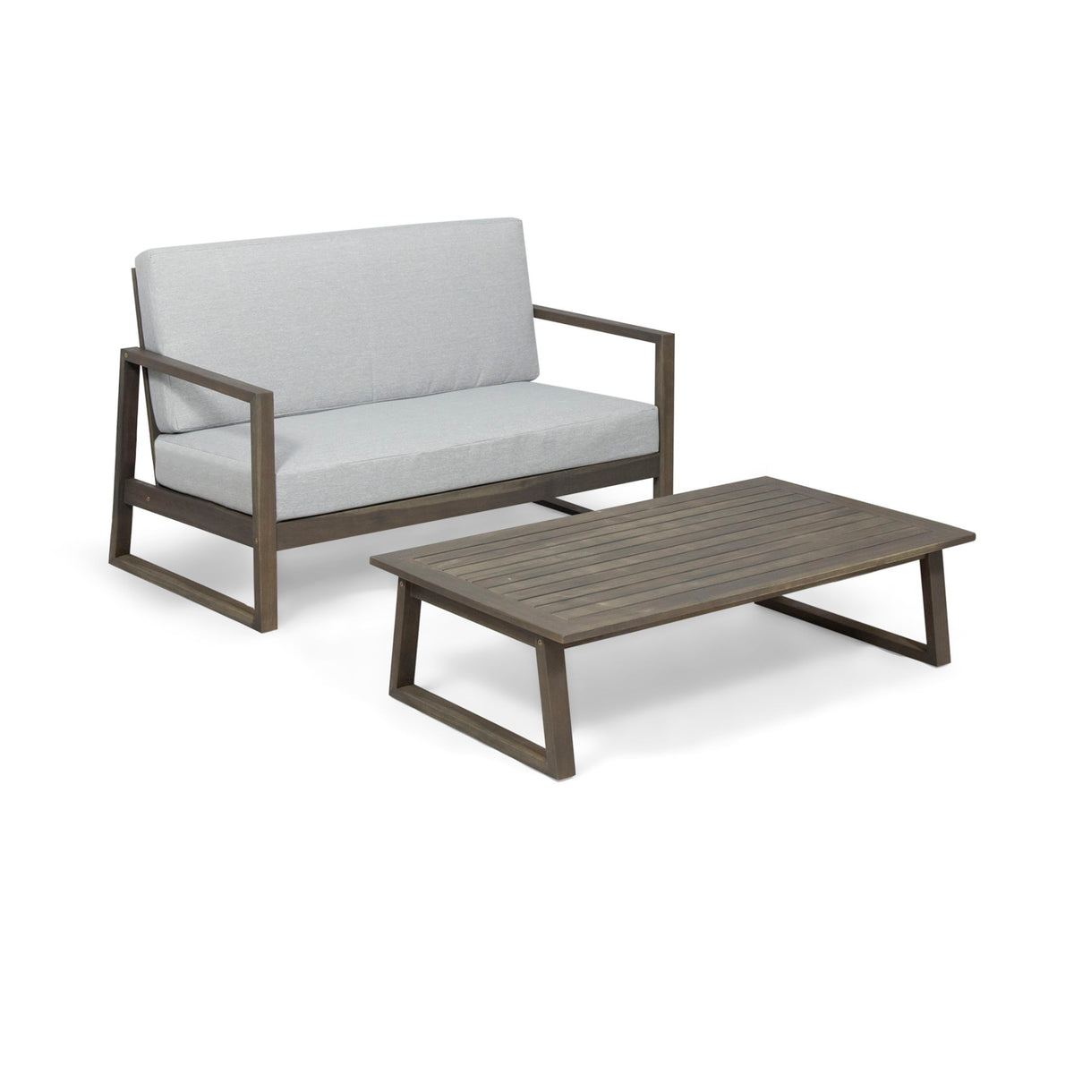 Gray loveseat and dark coffee table with light gray cushions and slatted tabletop.