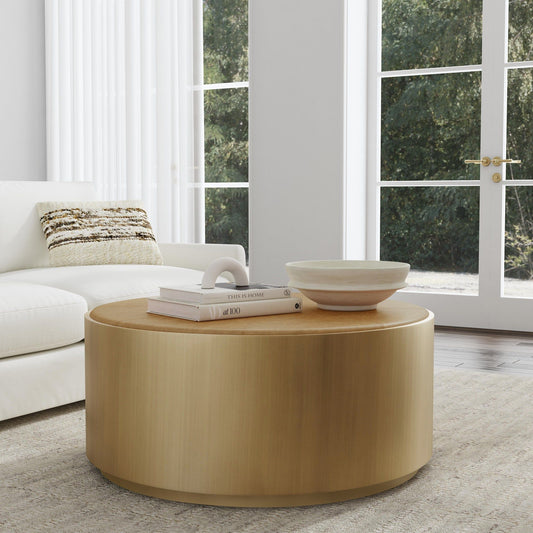 Evan - Round Coffee Table With Casters - Chestnut/Brass