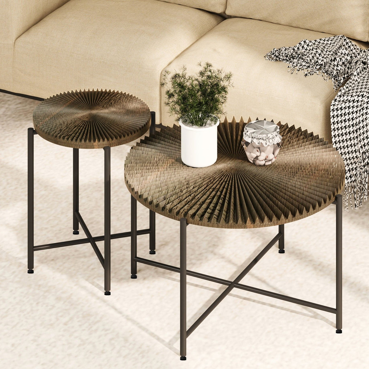 Radial - Pattern Coffee And End Table Set Waterproof Cover, Distressed Cylindrical Design (Set of 2)