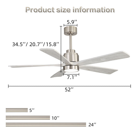 Ultra Quiet Reversible Ceiling Fan With Light Dimmable LED For Large Room - Brushed Nickel