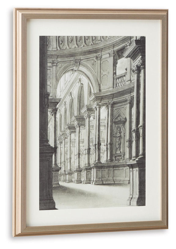 Architectural wall art print in walnut frame, arched columns black-and-white