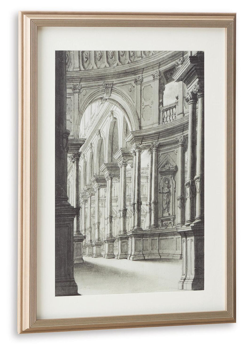 Architectural wall art print in walnut frame, arched columns black-and-white