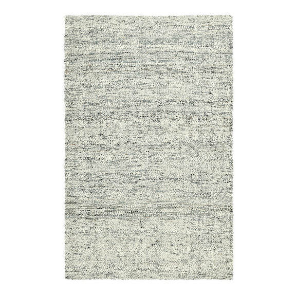 Light gray woven rug with speckled fibers and faint horizontal stripes