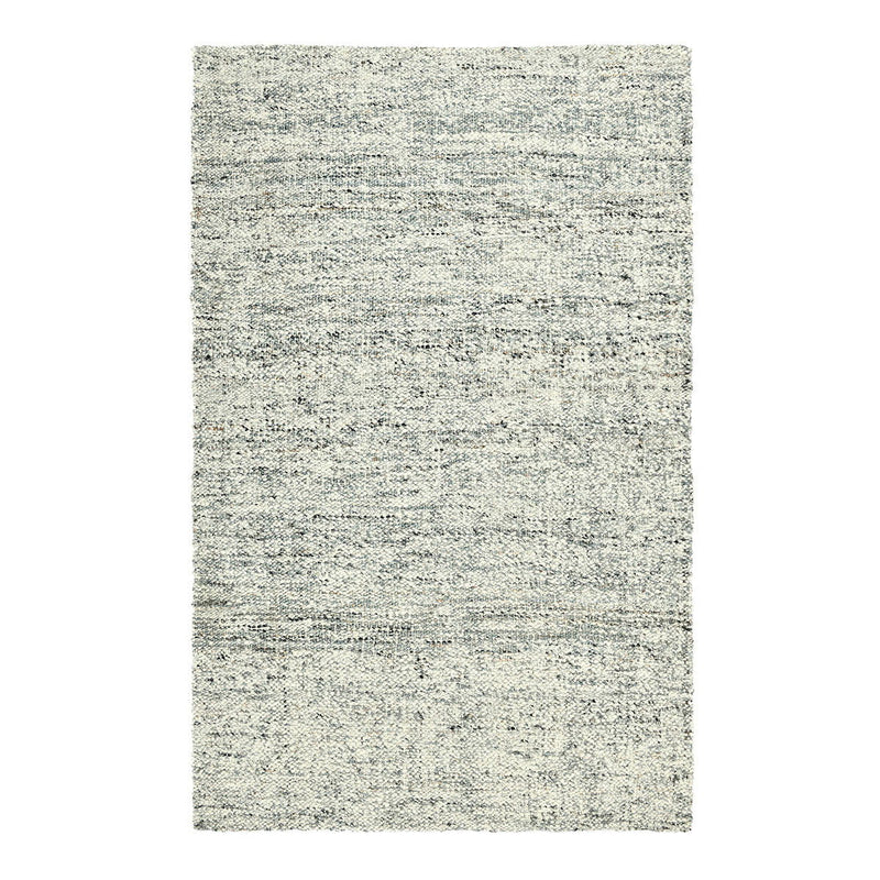 Light gray woven rug with speckled fibers and faint horizontal stripes
