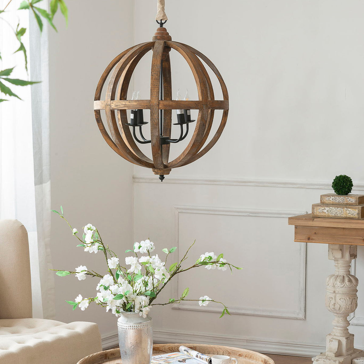 4 Light Wood Chandelier, Hanging Light Fixture With Adjustable Chain For Kitchen, Bulb Not Included - Brown