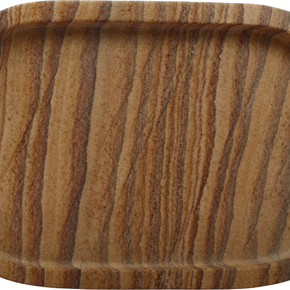 Oval top view of tan-brown sandstone tray with natural striped grain