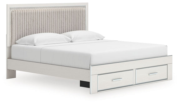 Upholstered panel platform storage bed, light gray headboard with 2 front drawers, white mattress