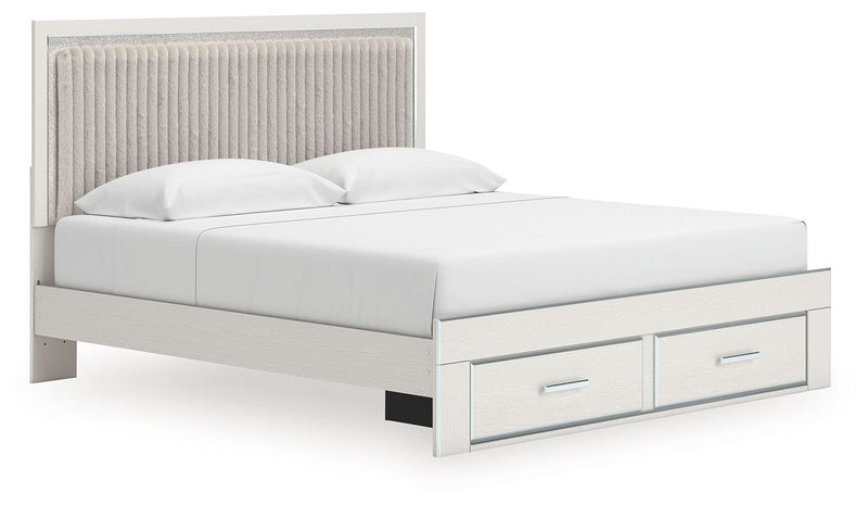Upholstered panel platform storage bed, light gray headboard with 2 front drawers, white mattress