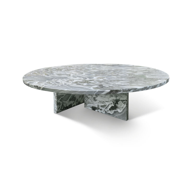 Round gray stone coffee table with light veining and wide angled support base