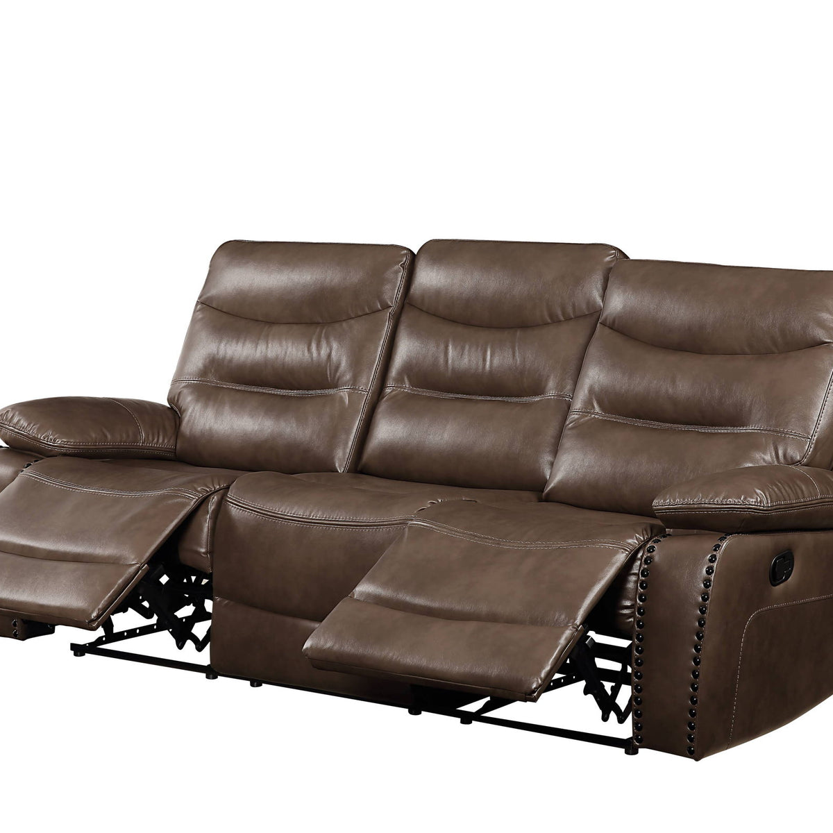 Brown leather recliner sofa with three reclining seats and visible footrest extensions
