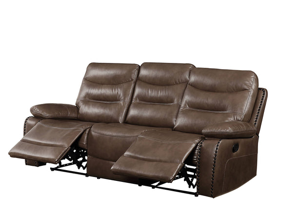 Brown leather recliner sofa with three reclining seats and visible footrest extensions