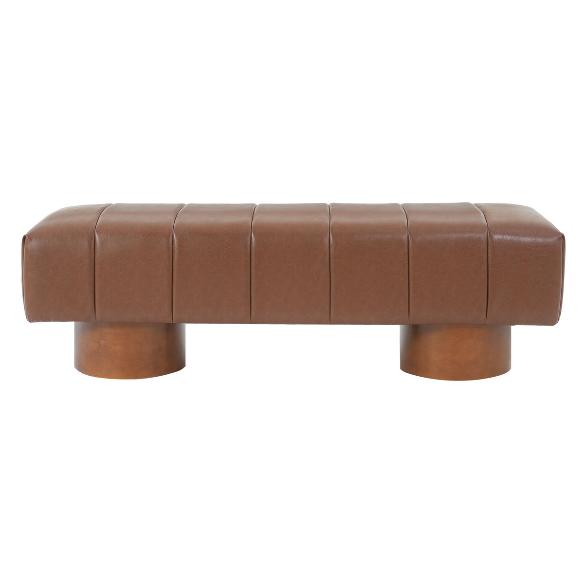Brown upholstered dining bench with tufted seat and cylindrical wooden legs