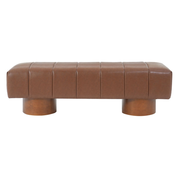 Brown upholstered dining bench with tufted seat and cylindrical wooden legs