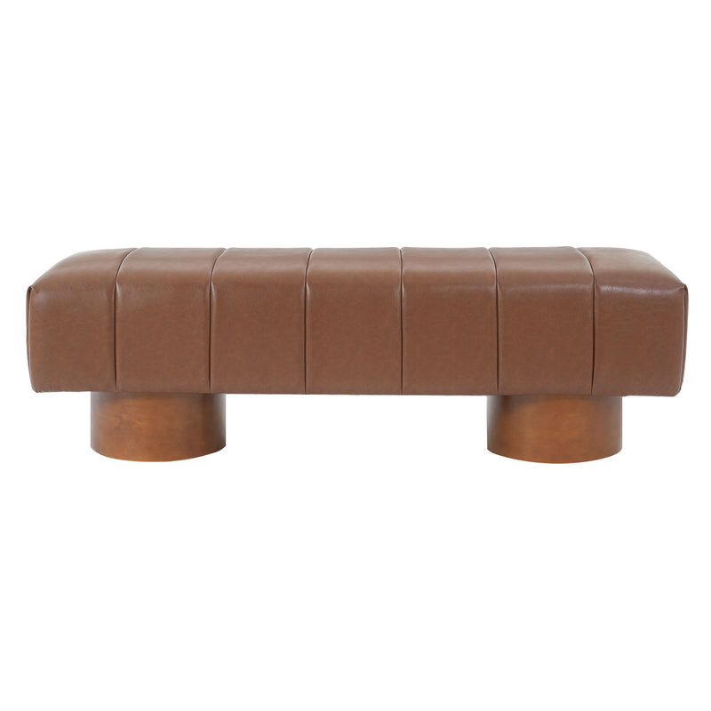 Brown upholstered dining bench with tufted seat and cylindrical wooden legs