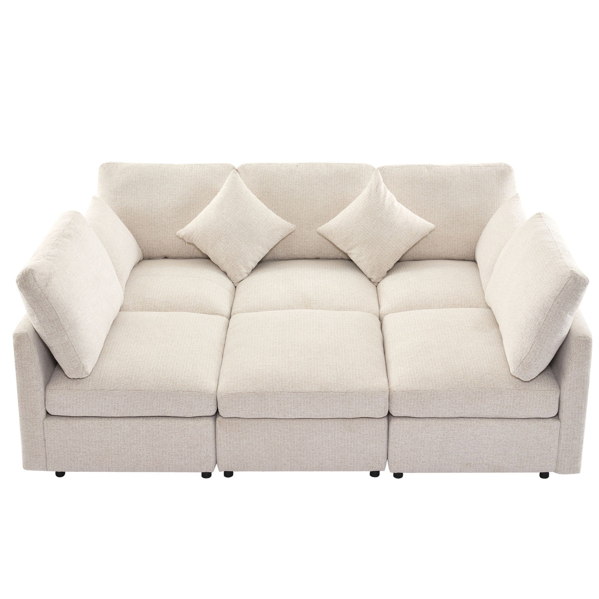 Ivory upholstered loveseat sofa with three seat sections and two lumbar-style pillows