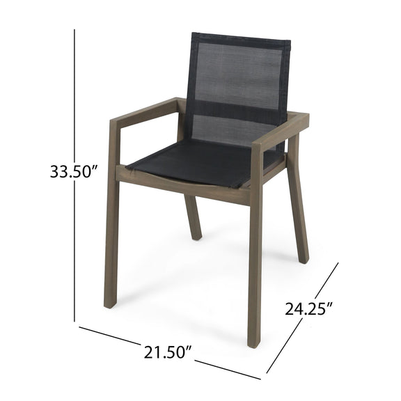 Outdoor dining chair with gray mesh seat and back, brown frame, and dimensions labeled