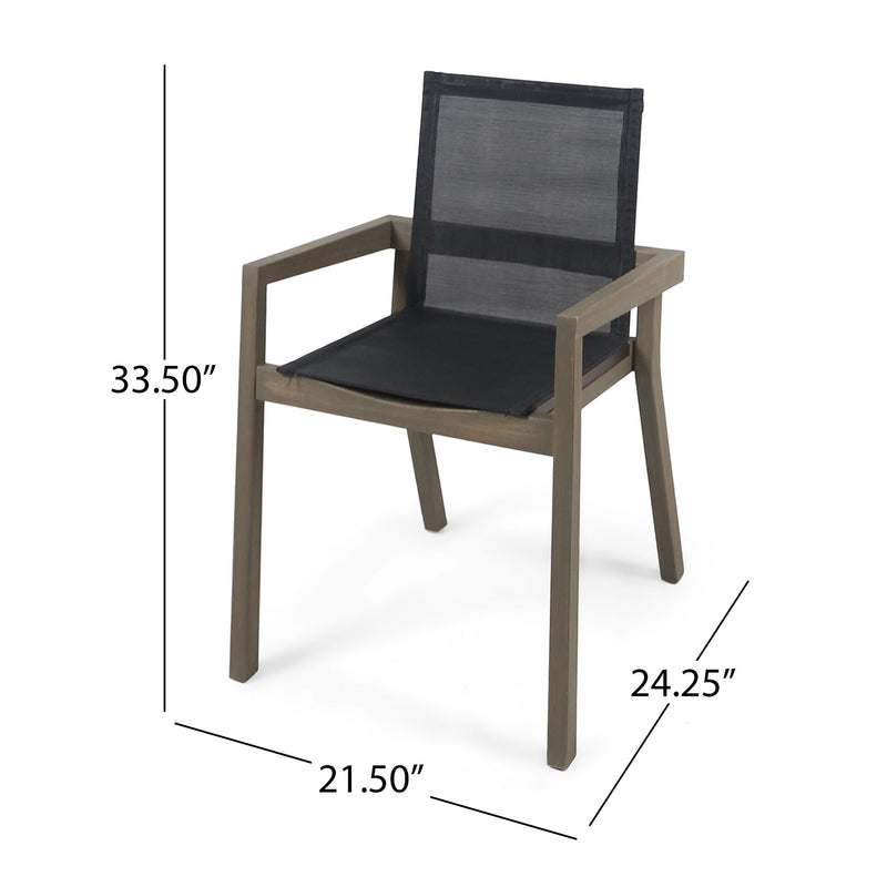 Outdoor dining chair with gray mesh seat and back, brown frame, and dimensions labeled