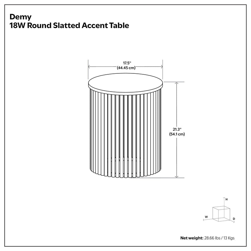 Round slatted accent table dimension diagram showing top and vertical rods