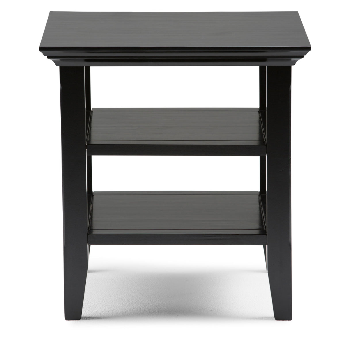 Black handcrafted end table with two open shelves and squared legs.