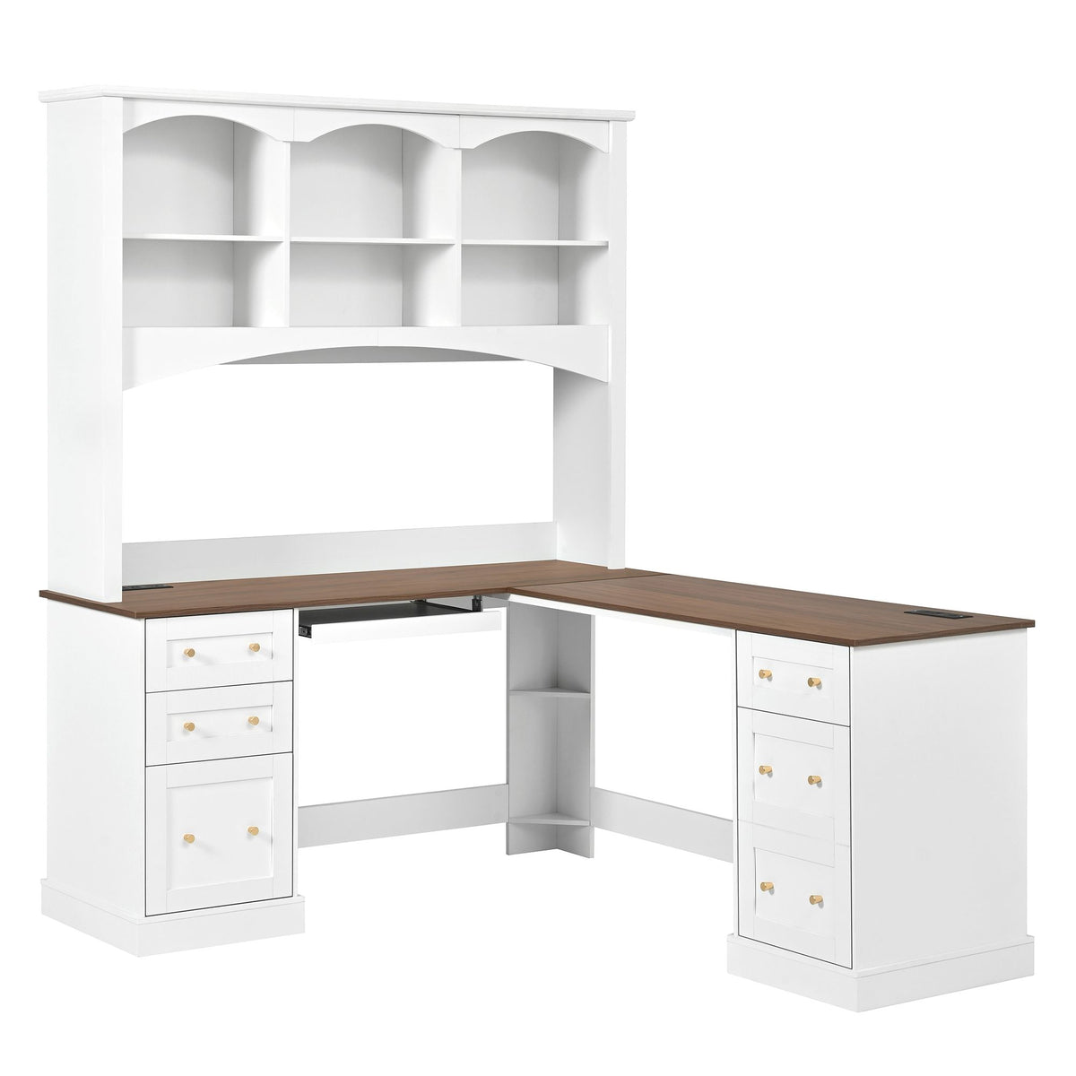 White L-shaped computer desk with open storage shelves and side drawers