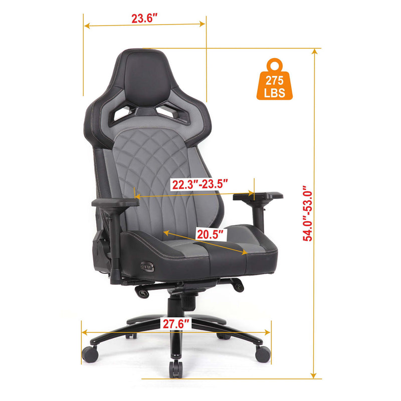 Gaming chair with gray quilted backrest, black armrests, and rolling caster base