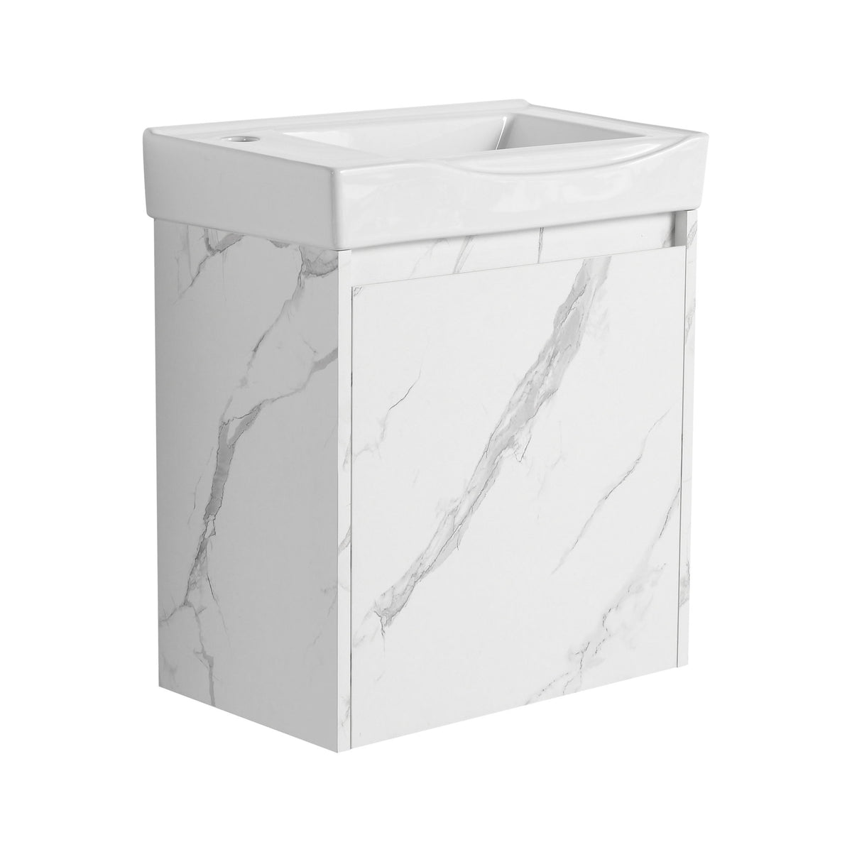 White ceramic sink on marble-look white cabinet vanity with two front panels