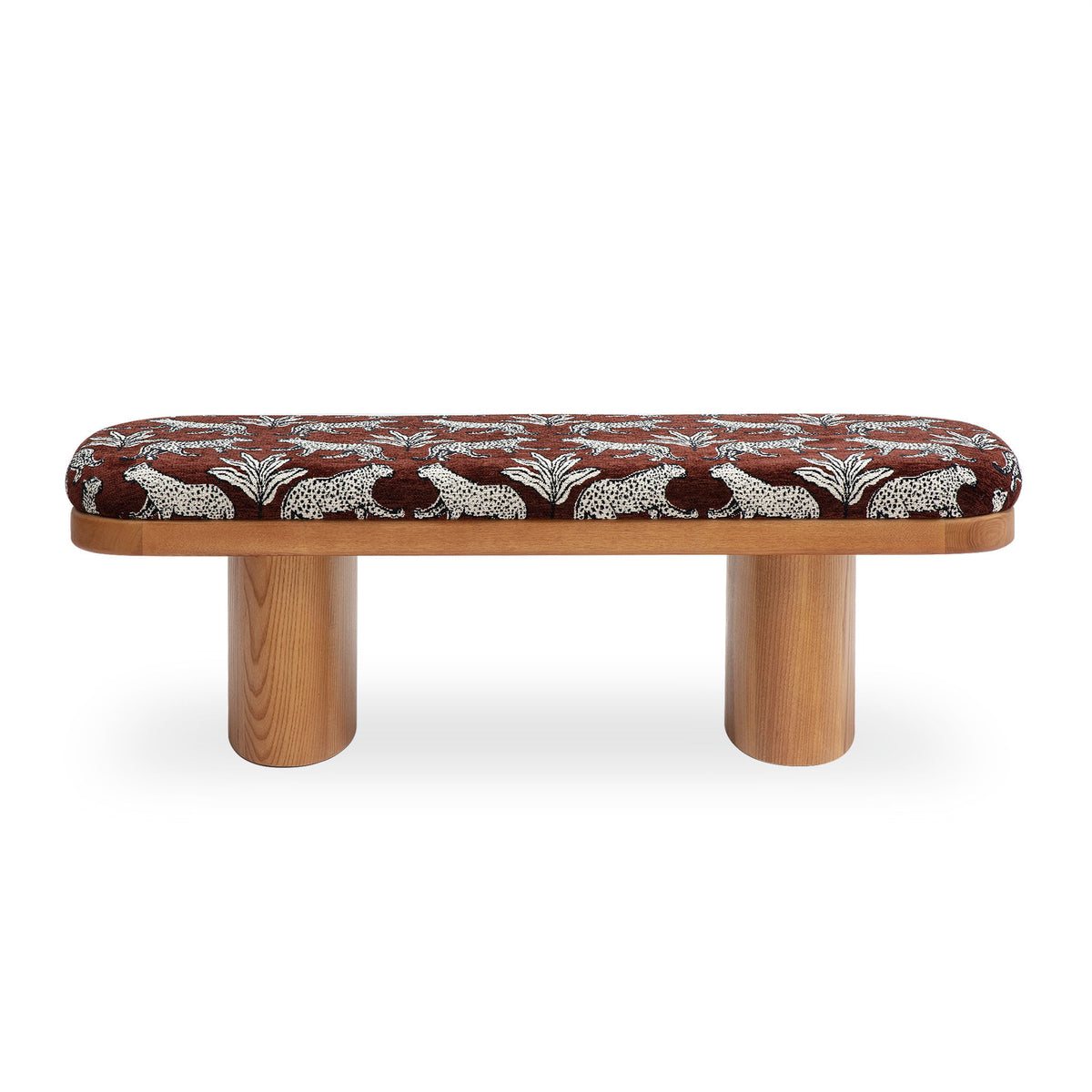 Leopard jacquard bench with rounded top in dark brown, light wood legs