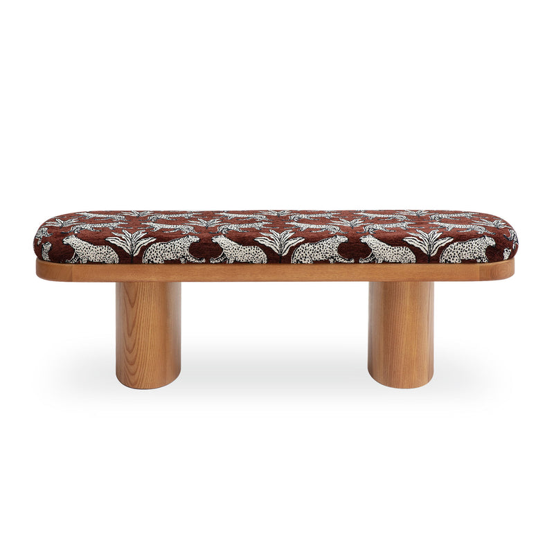 Leopard jacquard bench with rounded top in dark brown, light wood legs