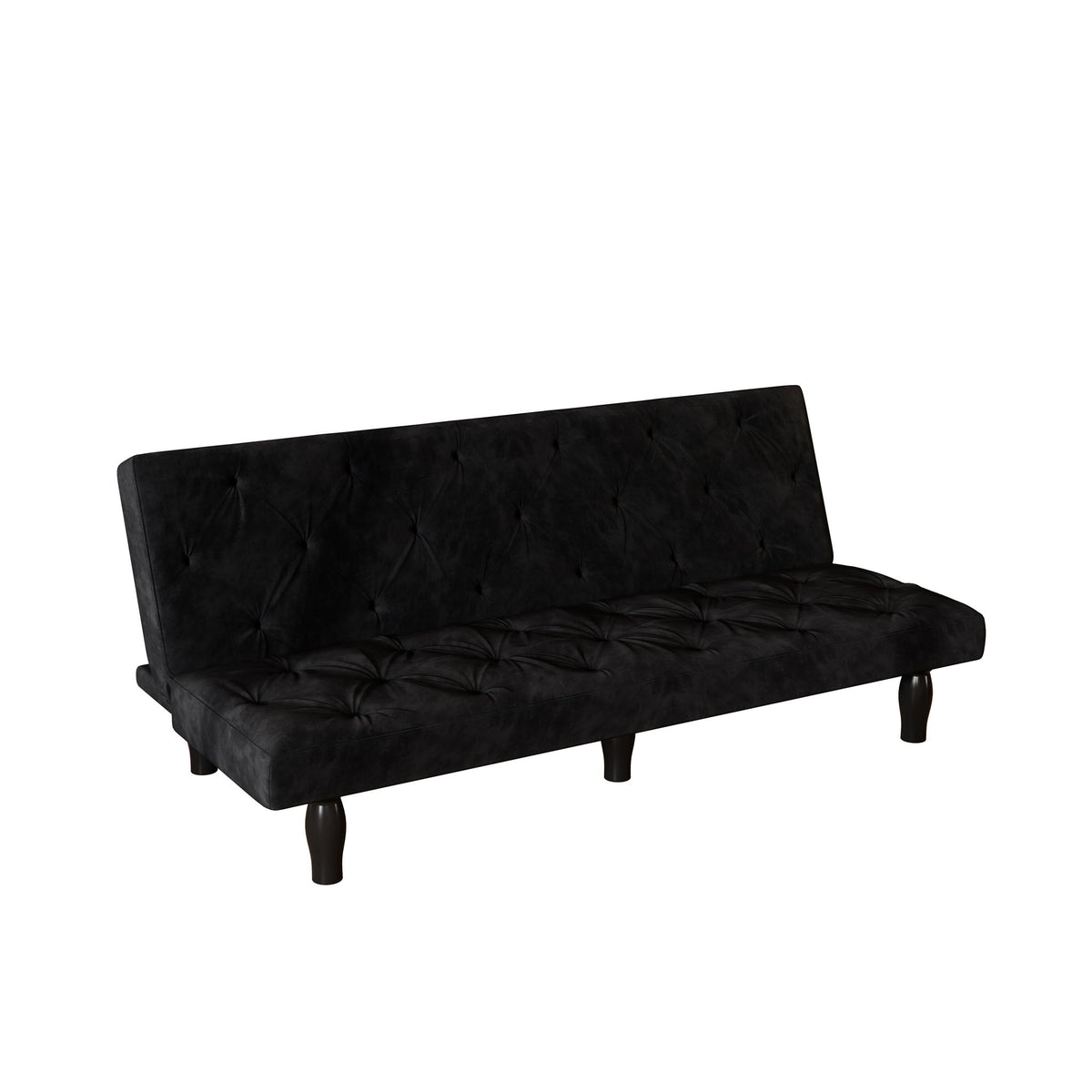 Black sofa bed with tufted backrest and seat, button-tufted upholstery, wooden legs