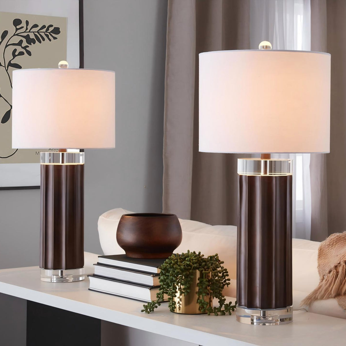 Fluted cylinder table lamp set of 2, brown bases, white shades, chrome stand