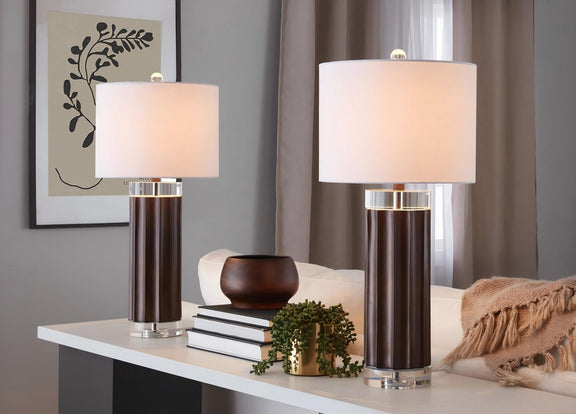 Fluted cylinder table lamp set of 2, brown bases, white shades, chrome stand