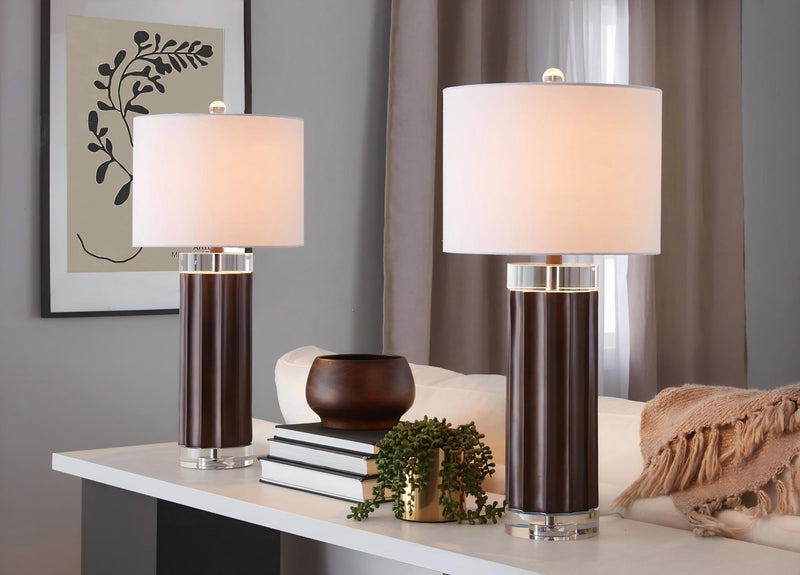 Fluted cylinder table lamp set of 2, brown bases, white shades, chrome stand