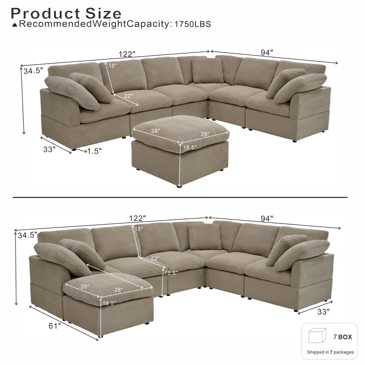 Light brown sectional configurations with ottoman and dimension measurements