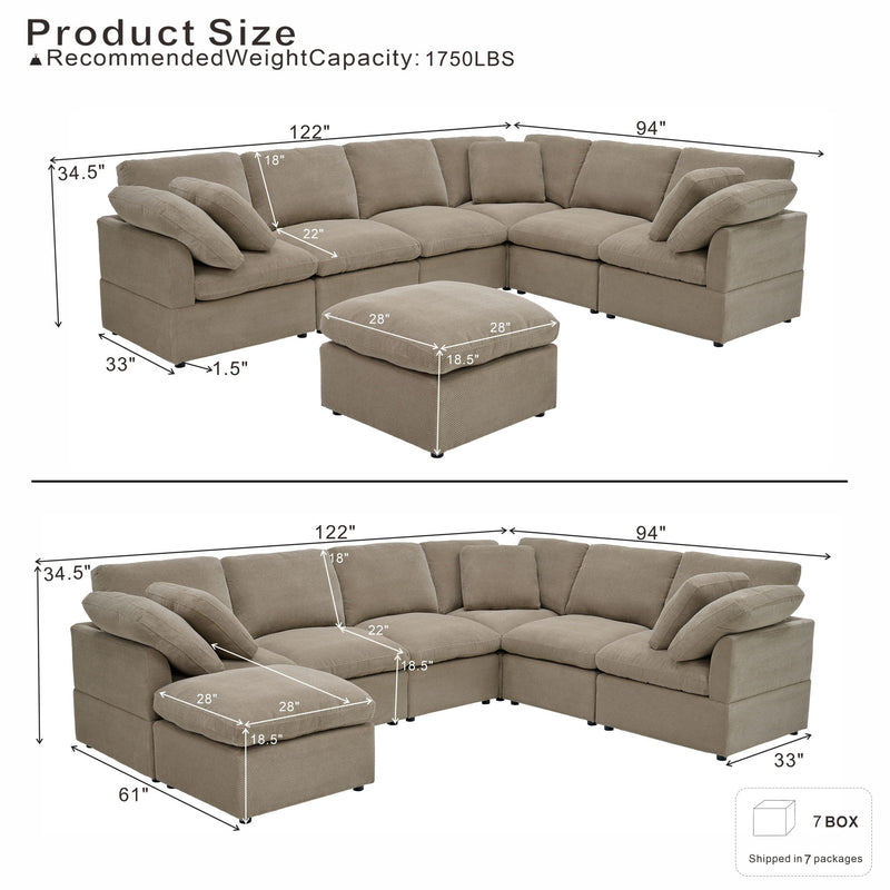 Light brown sectional configurations with ottoman and dimension measurements