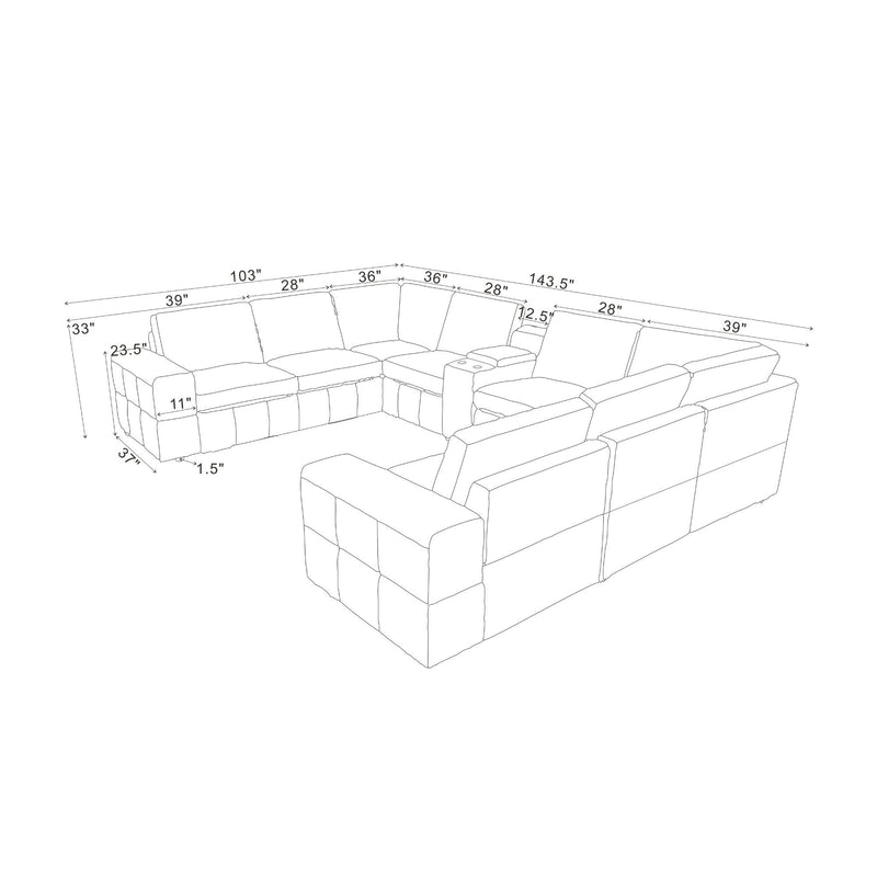 Line drawing showing sectional sofa layout and dimensions for large square arms
