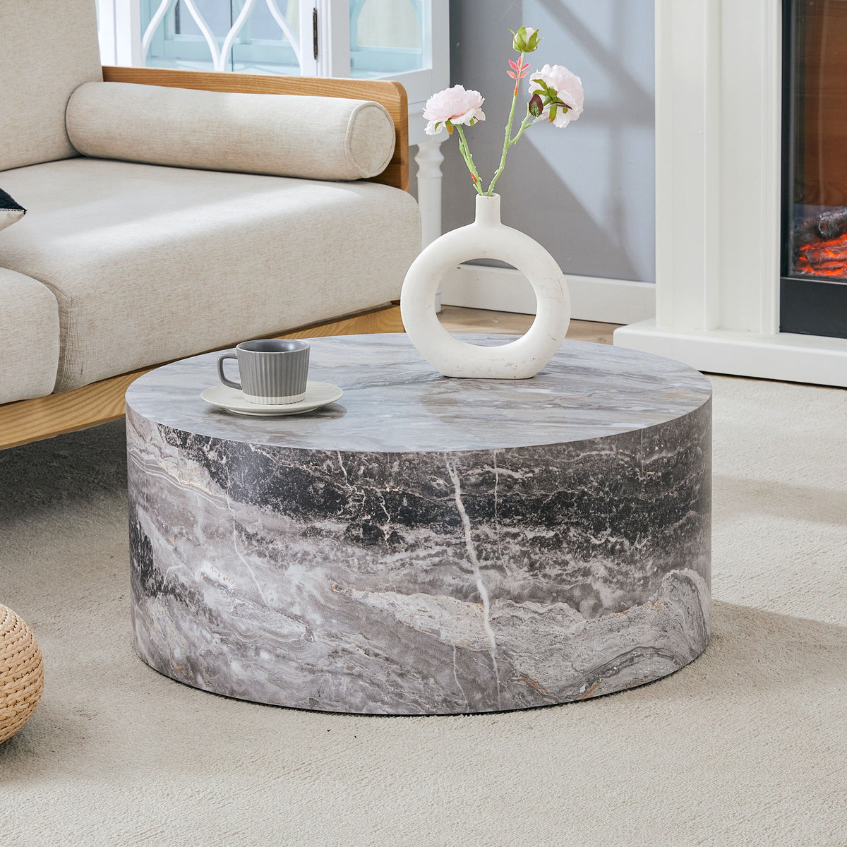 Cylindrical Coffee Table With Material For Living Room