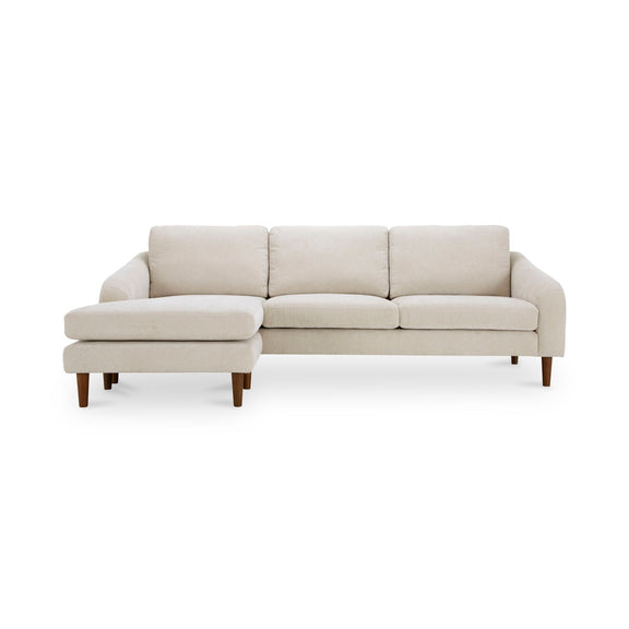 Oatmeal sectional sofa with three seat cushions and square armrests