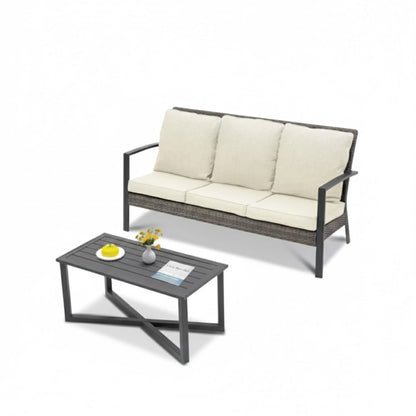 Beige-cushioned 2-seat patio sofa with dark frame and matching square coffee table