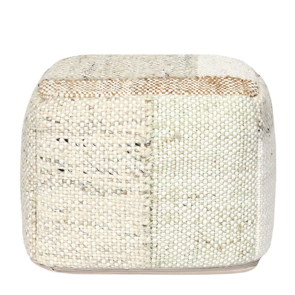 Round ottoman pouf in light woven boucle fabric with subtle blue and tan pattern