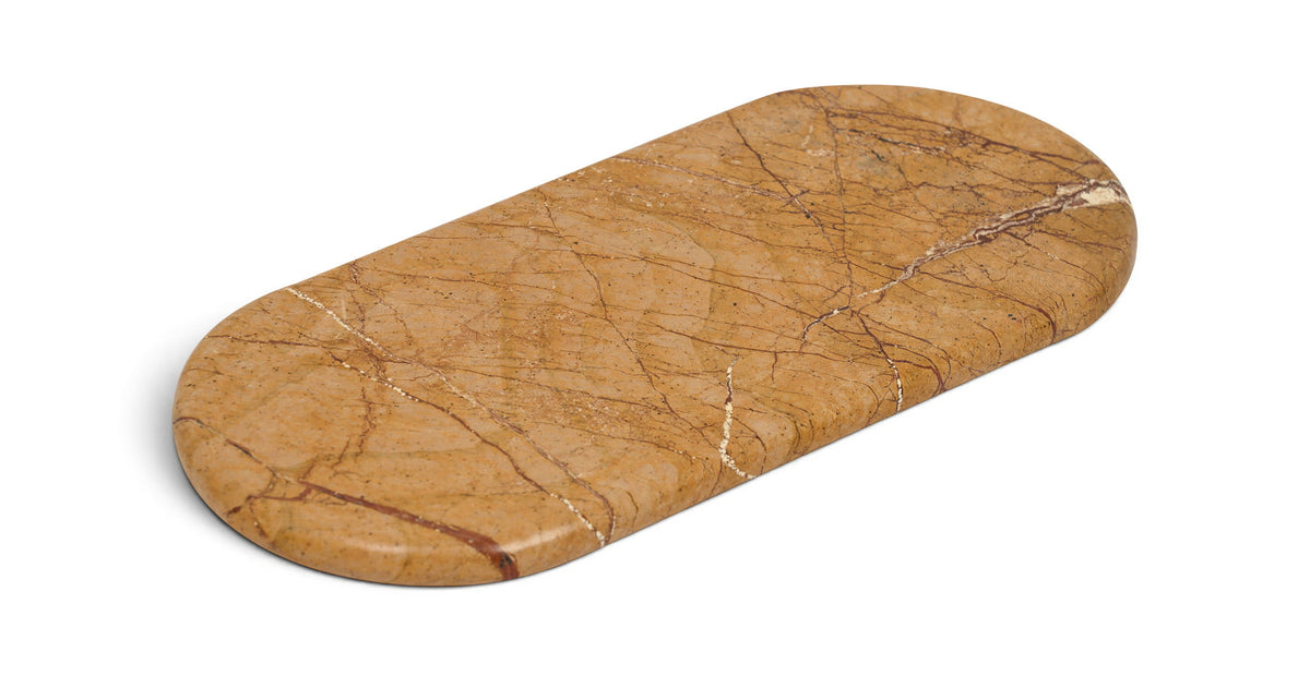 Genuine marble tray, warm tan oval with dark vein lines